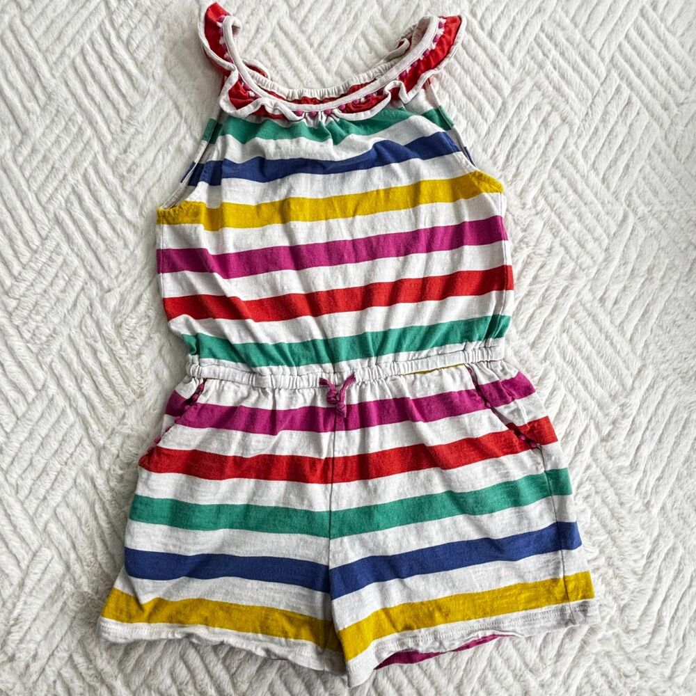 Mini Boden Rainbow Stripe Girls Romper Pom Pom Ruffle 7-8 Years
